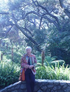 Joan Keesey in Fern Canyon at Descanso Gardens with Coast Live Oaks