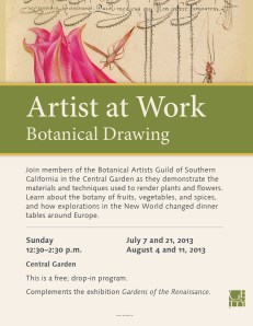 Getty signage and flyer announcing the "Artist-at-Work Demonstration: Botanical Drawing," © 2013 J. Paul Getty.