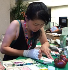 Asuka Hishiki demonstrating during the "Weird, Wild & Wonderful" Symposium at The Huntington, July 2015. Photo by Gilly Shaeffer, © 2015.