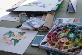 Suzanne Kuuskmae's palette and painting at her demonstration table. Photo: Linda Carpenter, © 2016, all rights reserved.