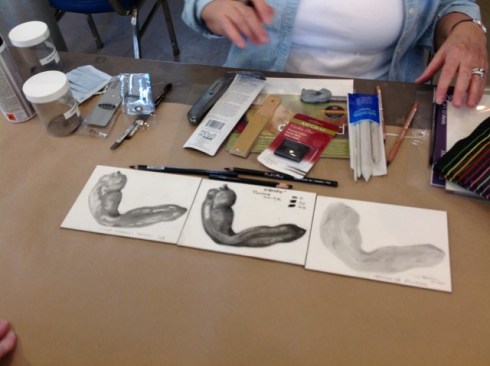 Olga Eysymontt's demonstration of carbon dust, graphite dust and pencil techniques. Photo by Cynthia Jackson, © 2016, all rights reserved.