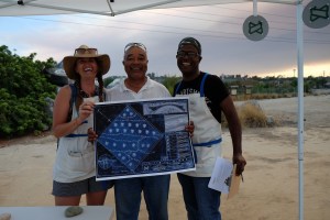 MirrorMakers Yrneh and Margo with Roger, a new Tie that Binds blueprint holder (Photo credit: Amanda Wiles, © 2016).