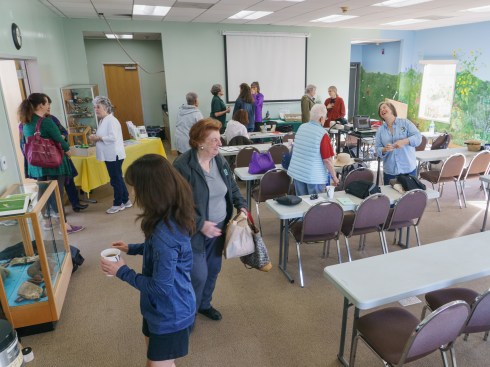 BAGSC members chatting as they arrive to the meeting. In the photo are: Tania Marien, Tania Norris, Jude Wiesenfeld, Cynthia Jackson, Estelle DeRidder, Terri Munroe, Mary Sinclair, Bonnie Born Ash, Kathlyn Powell, Leslie Walker and Deborah Shaw. BAGSC Quarterly Meeting at Madrona Marsh Nature Center. © 2018, Lance Hill. Editorial or promotional use permitted for electronic or printed media by the Botanical Artists Guild of Southern California and the Friends of Madrona Marsh. Please provide photo credit to Lance Hill.