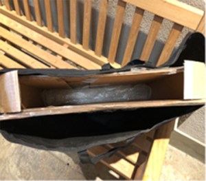 Mitsuko Schultz's packing box showing the interior box and artwork. Photo by Janice Sharp, © 2018.