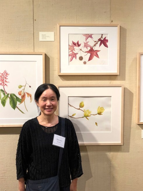 Mitsuko Schultz, with her artwork in "Out of the Woods," Sweet Gum Liquidambar styraciflua ‘Burgundy’ Los Angeles County Arboretum and Botanic Garden, Arcadia, California.