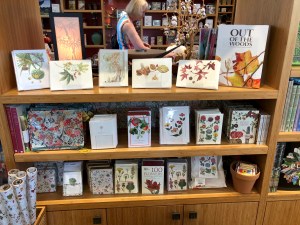 "Out of Woods" catalogs on display in The Huntington Store, along with a selection of notecards by BAGSC members in the "Out of the Woods" exhibition. Five of the six cards are shown here; The Huntington Store sometimes has them all together, other times they are grouped with like subject areas in the store.