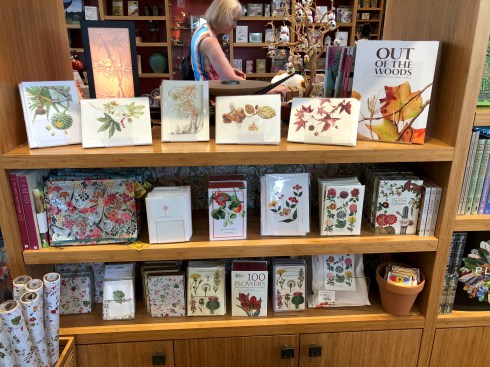 "Out of Woods" catalogs on display in The Huntington Store, along with a selection of notecards by BAGSC members in the "Out of the Woods" exhibition. Five of the six cards are shown here; The Huntington Store sometimes has them all together, other times they are grouped with like subject areas in the store.